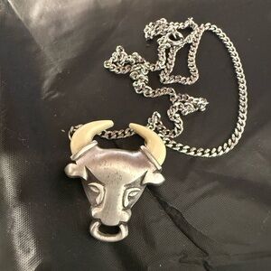 Avon Silver Bull Head Necklace with Cream Horns 1978 vintage